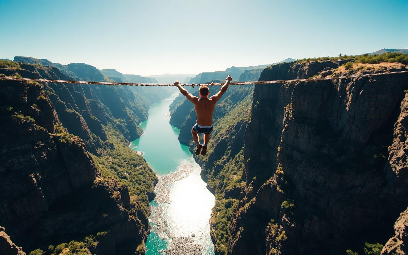 Bungee jumper falling from Bloukrans Bridge into a deep gorge