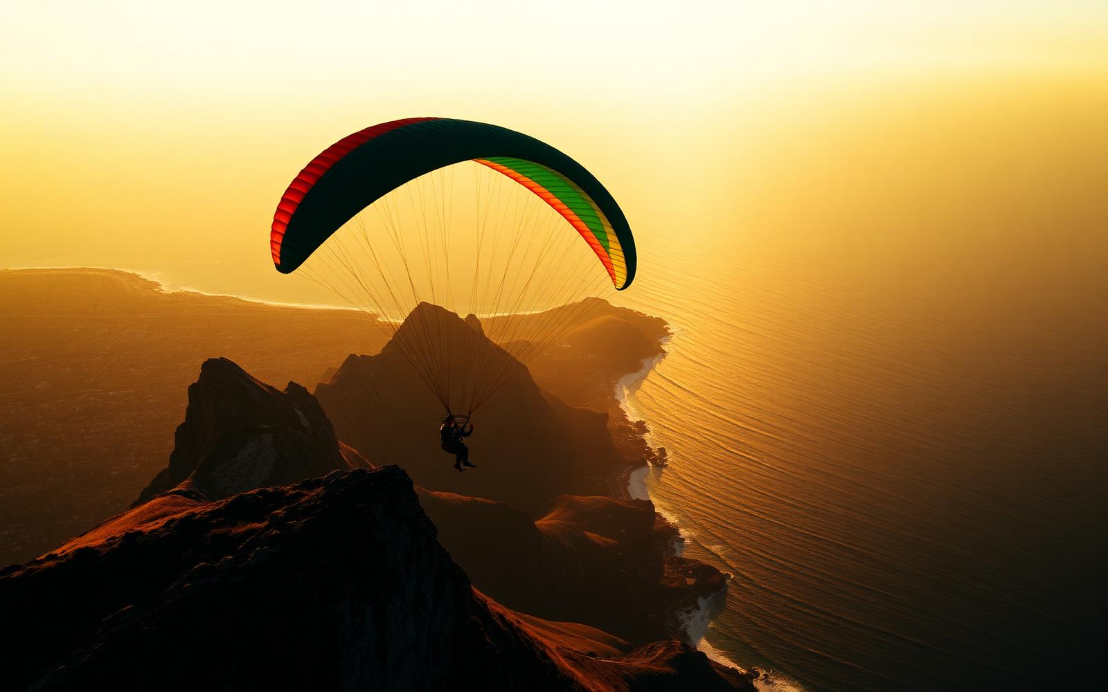 Paraglider launching off Lion's Head above Cape Town at sunset