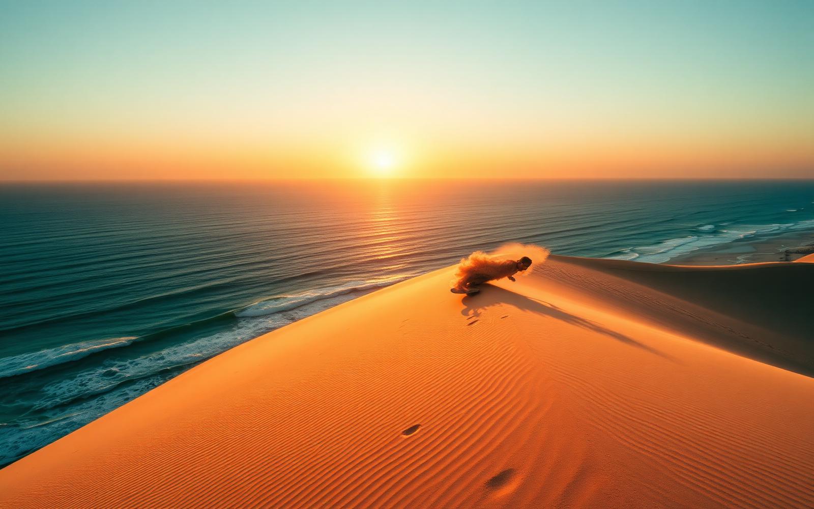 Lone sandboarder carving down a vast Atlantic coastal dune at sunset