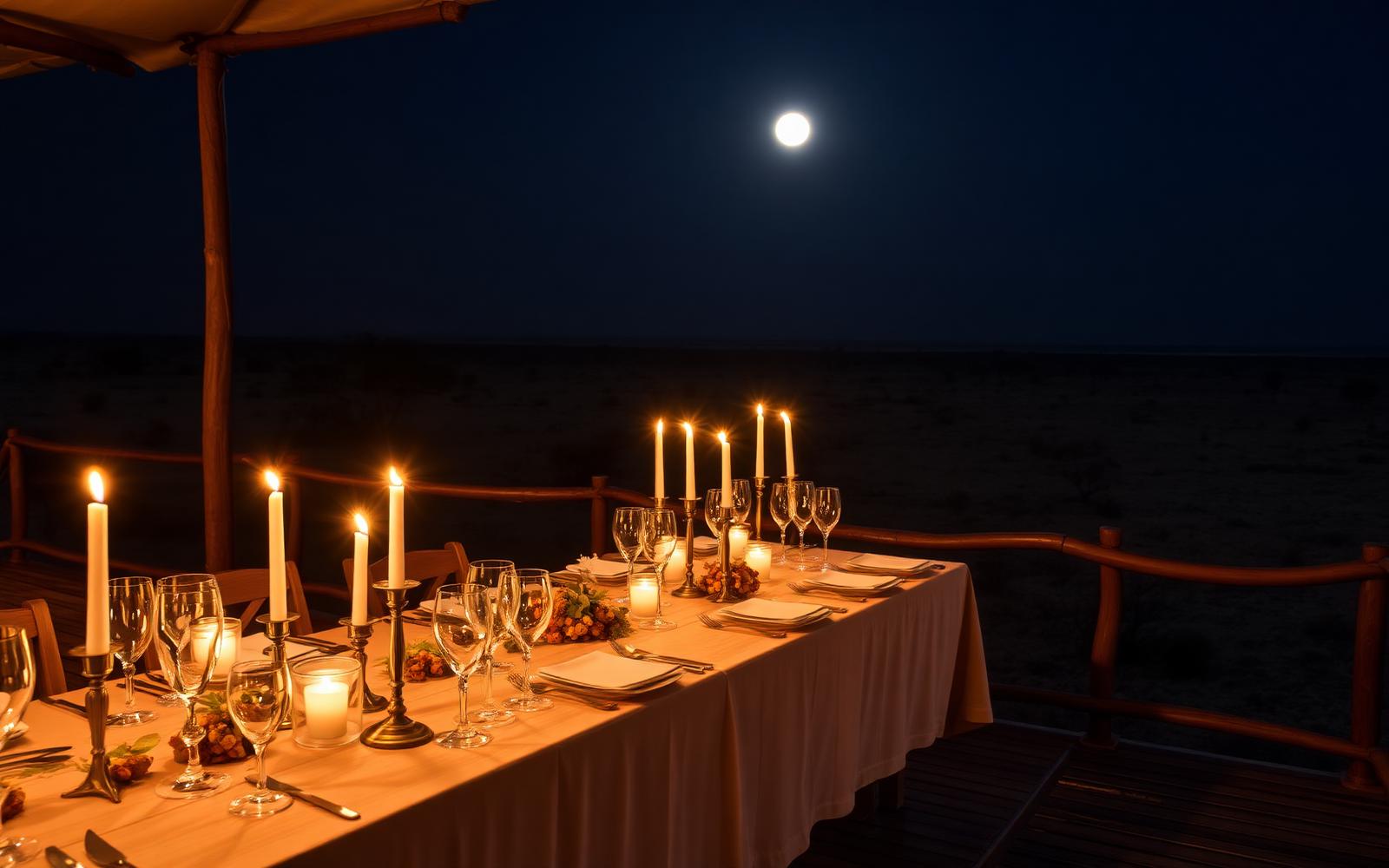 Candlelit dinner on a wooden deck overlooking the savanna under moonlight