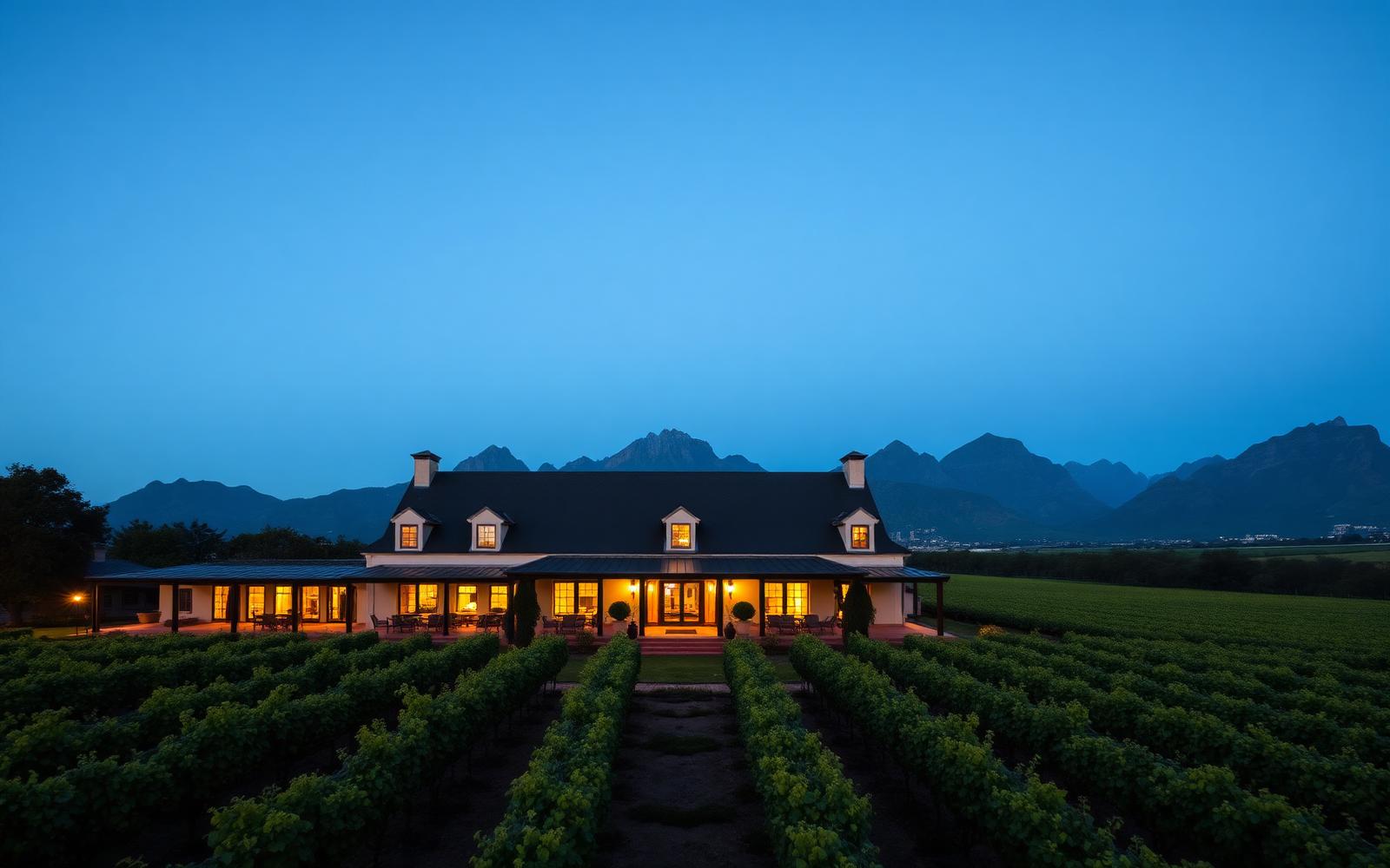 Cape Winelands manor at twilight with vineyards stretching to mountains