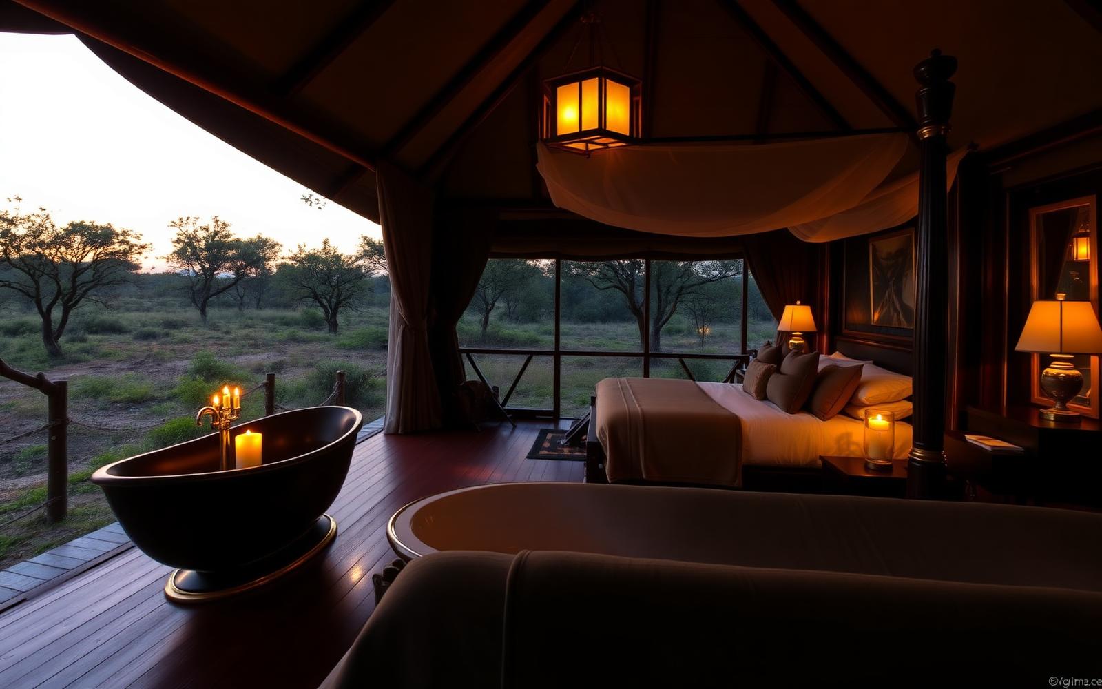 Interior of an ultra-luxury safari lodge suite with candlelight and freestanding bath