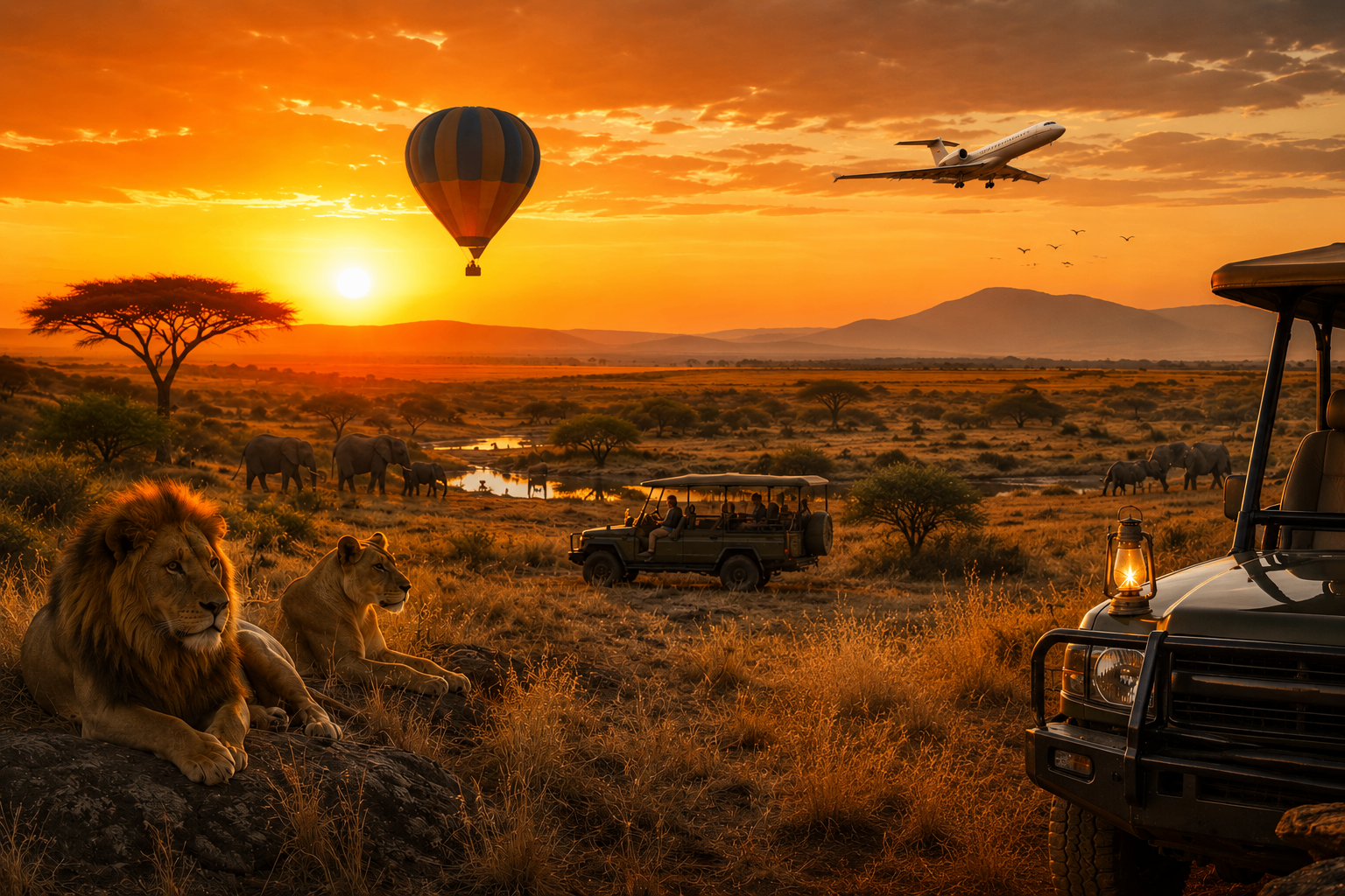 African sunset over the bush with acacia silhouettes, elephants and a giraffe on the savanna