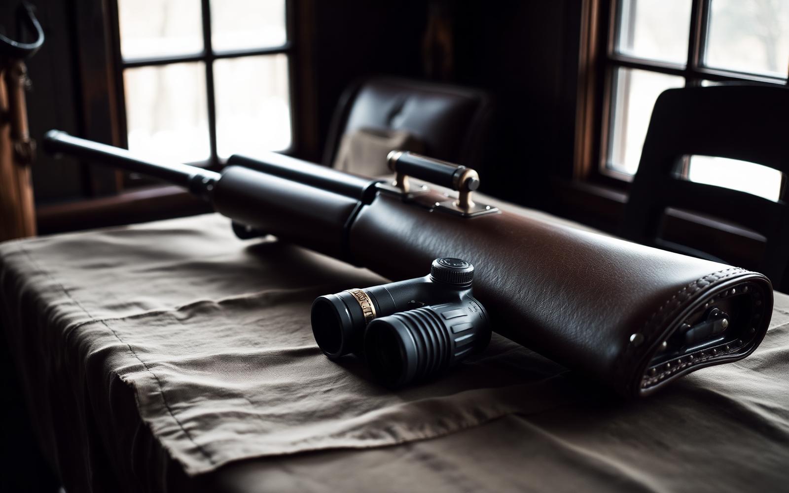 Hand-stitched leather rifle case and brass binoculars
