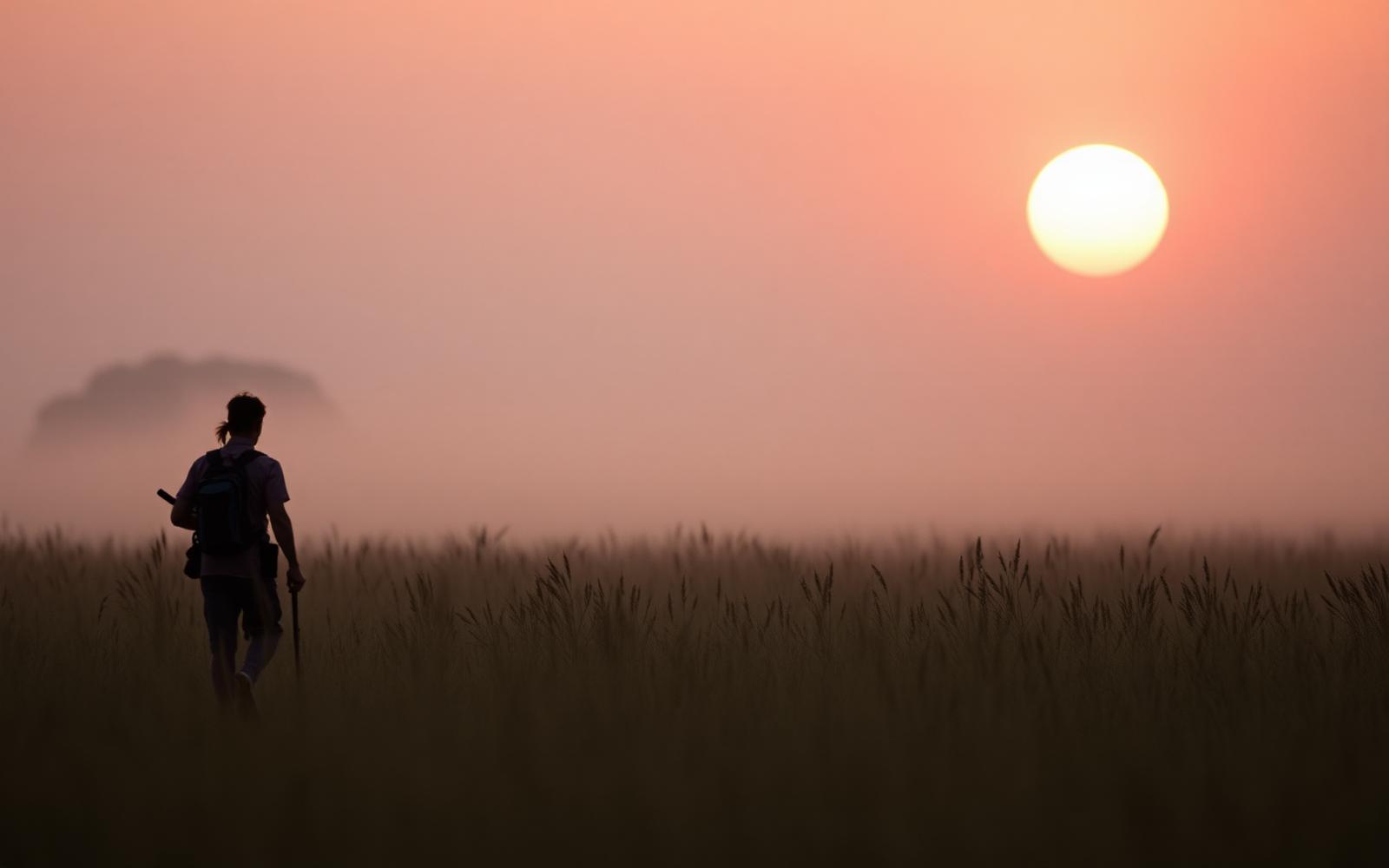 Tracker walking through golden grass at dawn