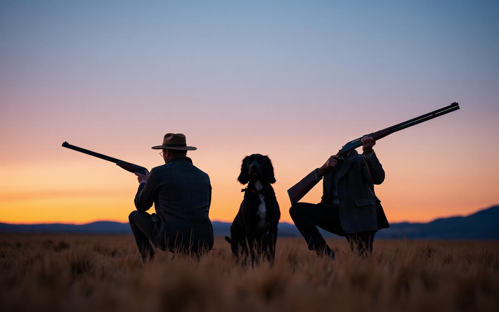 Wing shooters in the Karoo at dusk with working spaniel