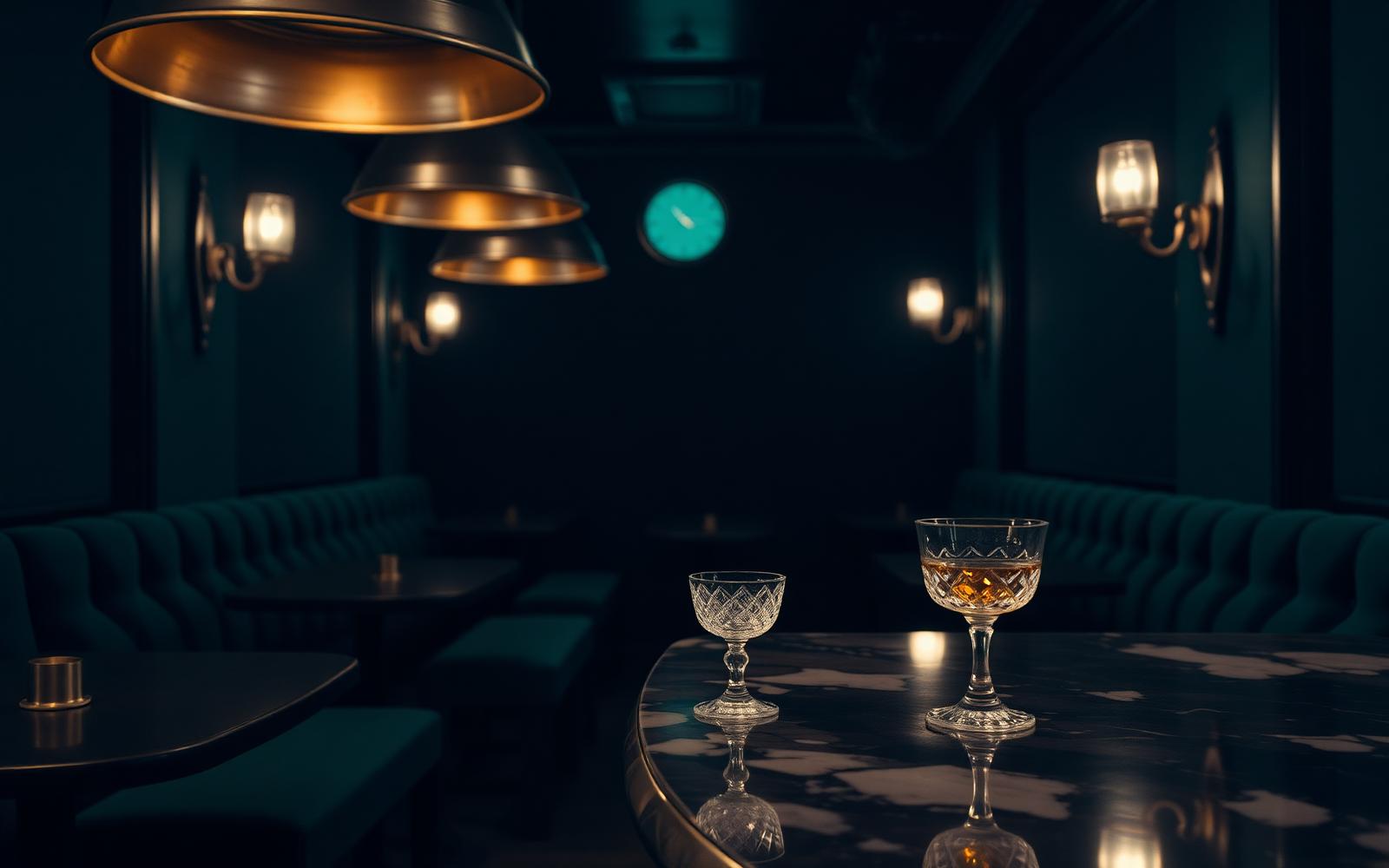 Dimly lit lounge with brass pendants and crystal glassware