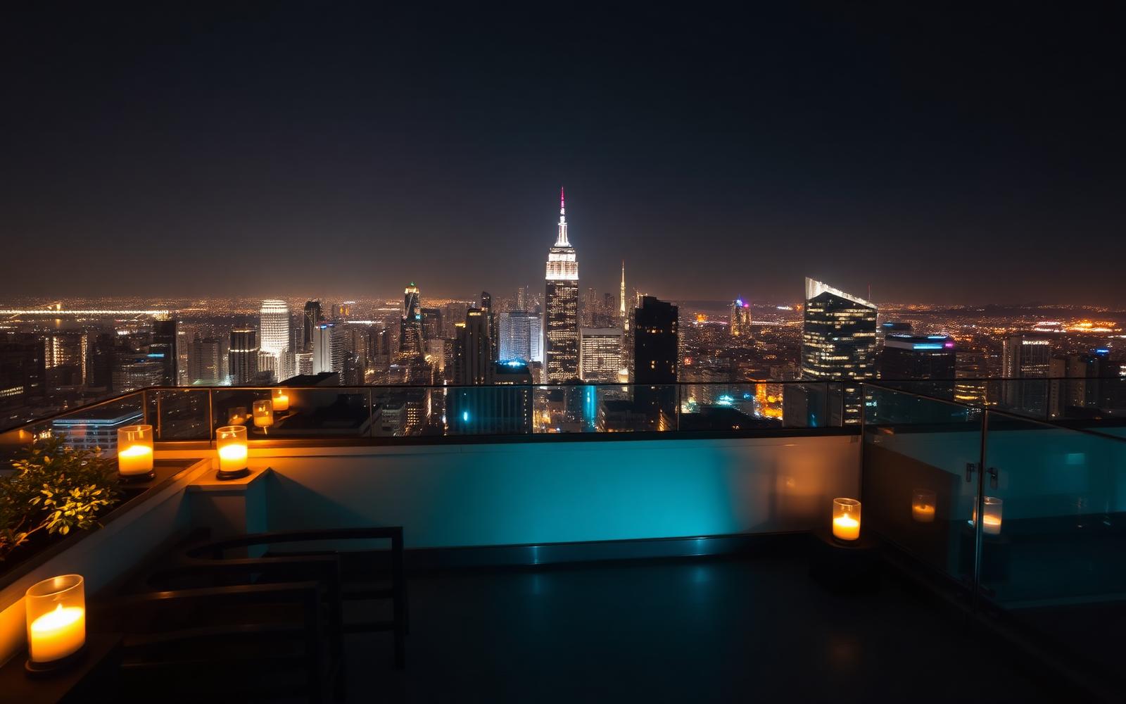 Rooftop terrace overlooking glowing city skyline at night