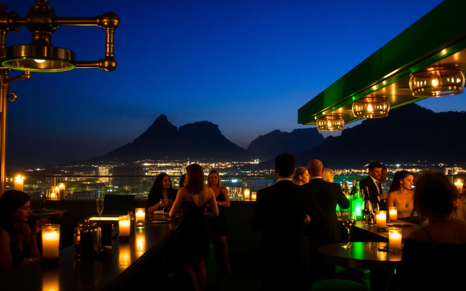 Cape Town rooftop cocktail bar at night with Table Mountain in distance