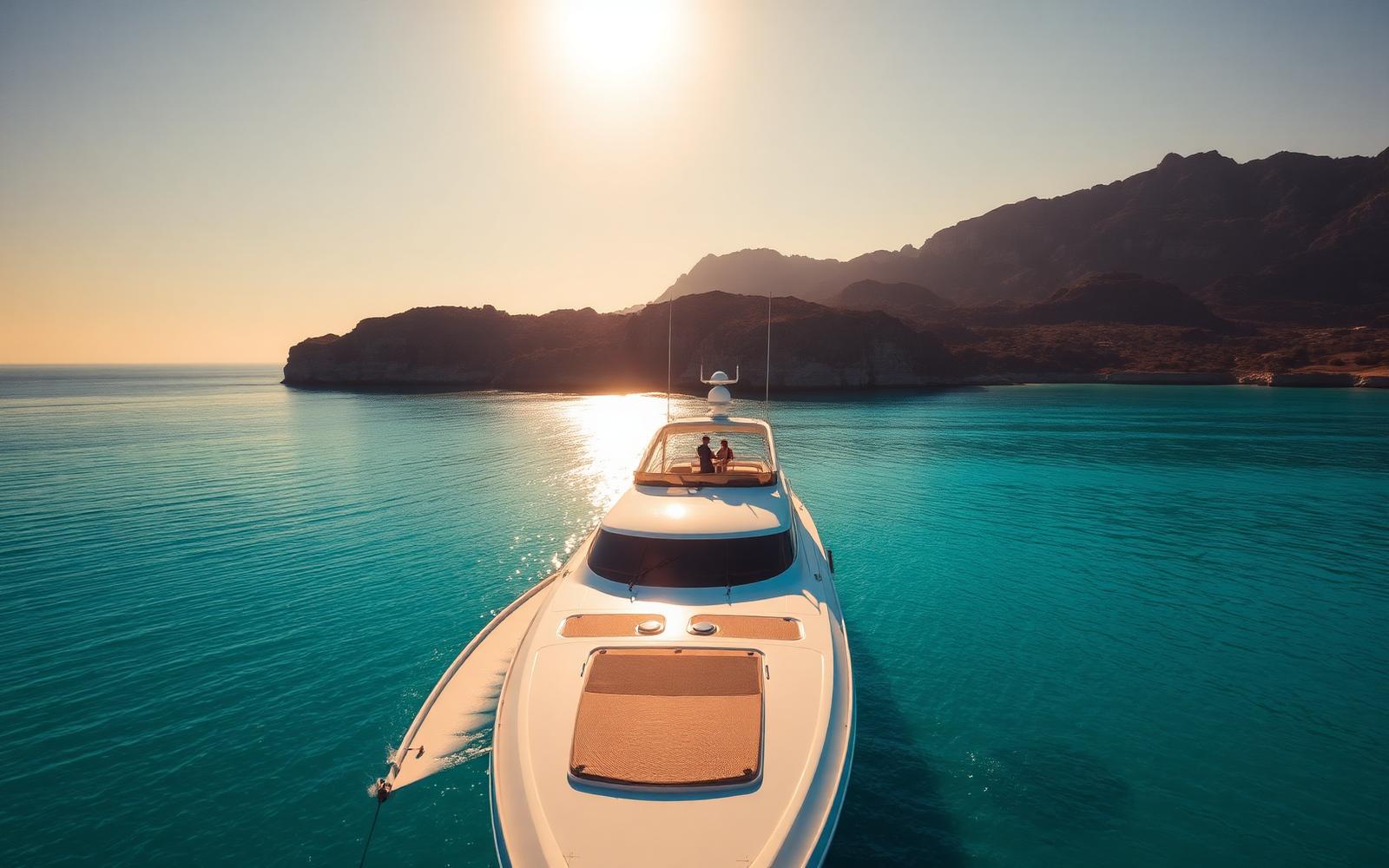 White luxury yacht anchored in a turquoise bay at sunset