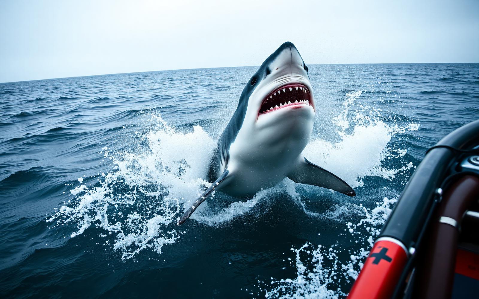 Great white shark breaching beside a cage diving vessel off Gansbaai