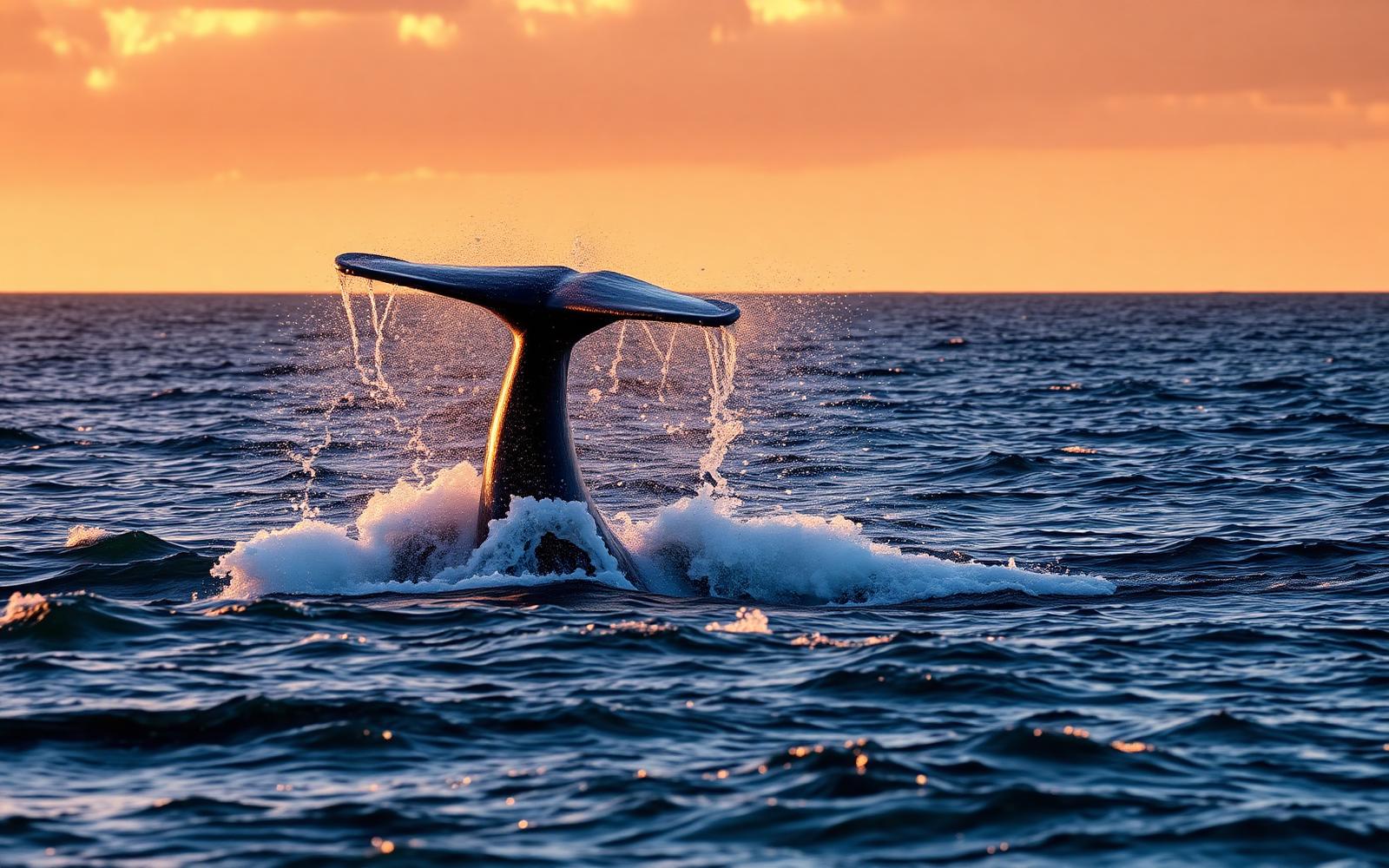 Southern right whale tail breaching off Hermanus at golden hour