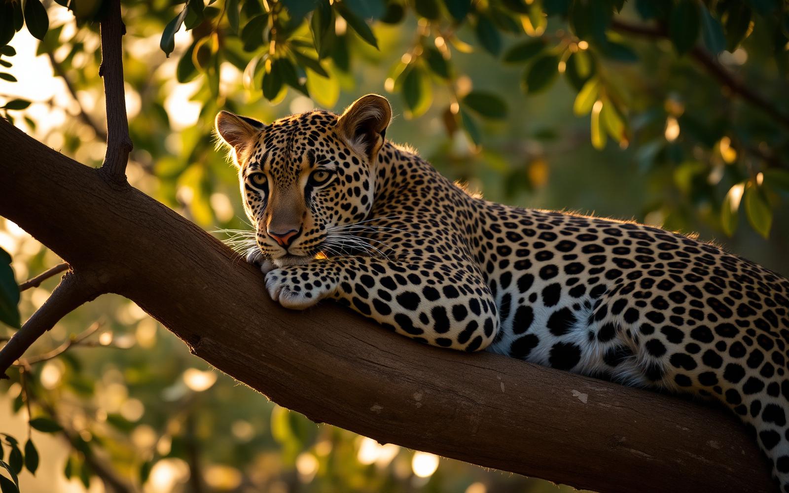 Leopard resting on an acacia branch at golden hour