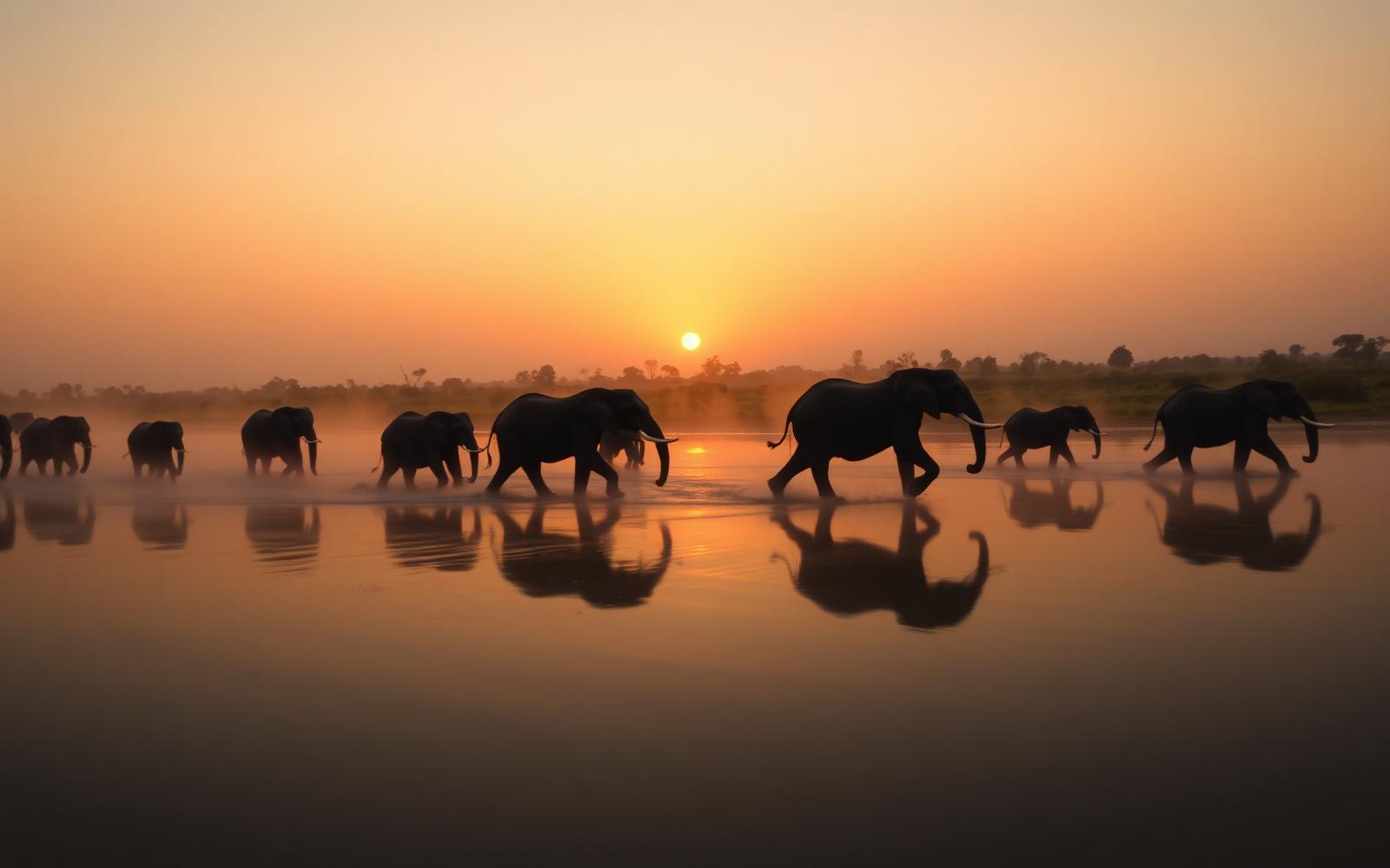 Elephants crossing a misty river at sunset