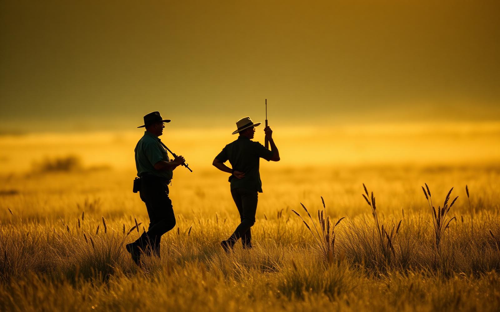 Walking safari with armed ranger at dawn in golden grass