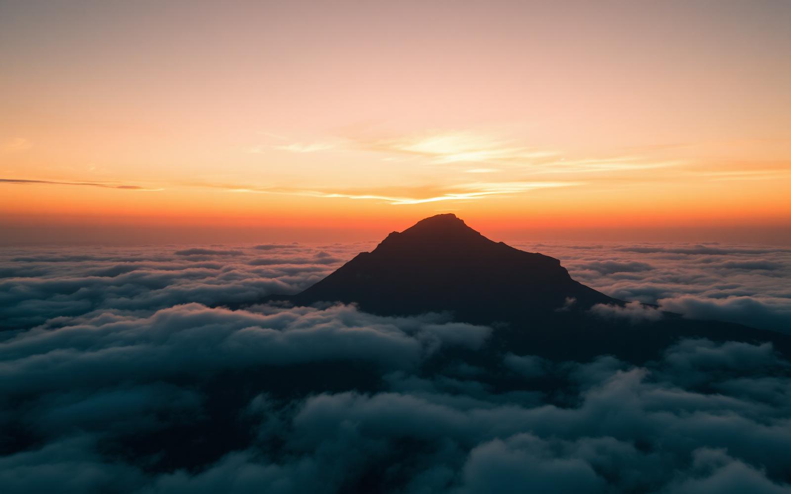 Mountain peak rising above a sea of clouds at sunset