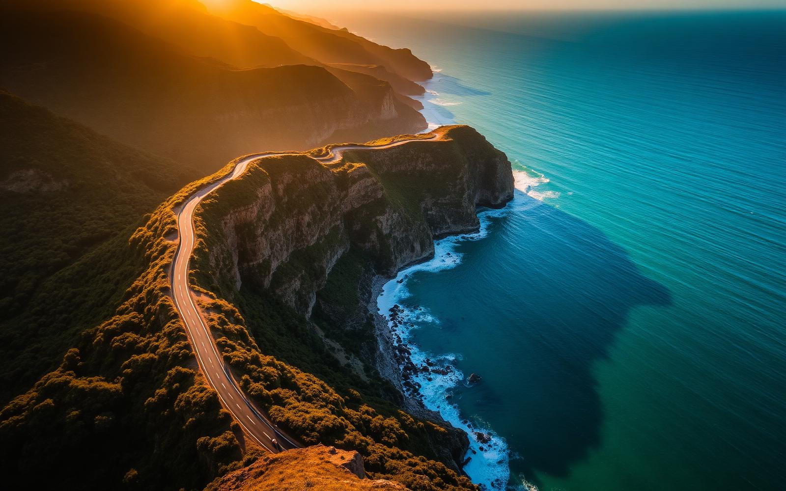 Garden Route coastal cliff road winding above turquoise ocean at golden hour