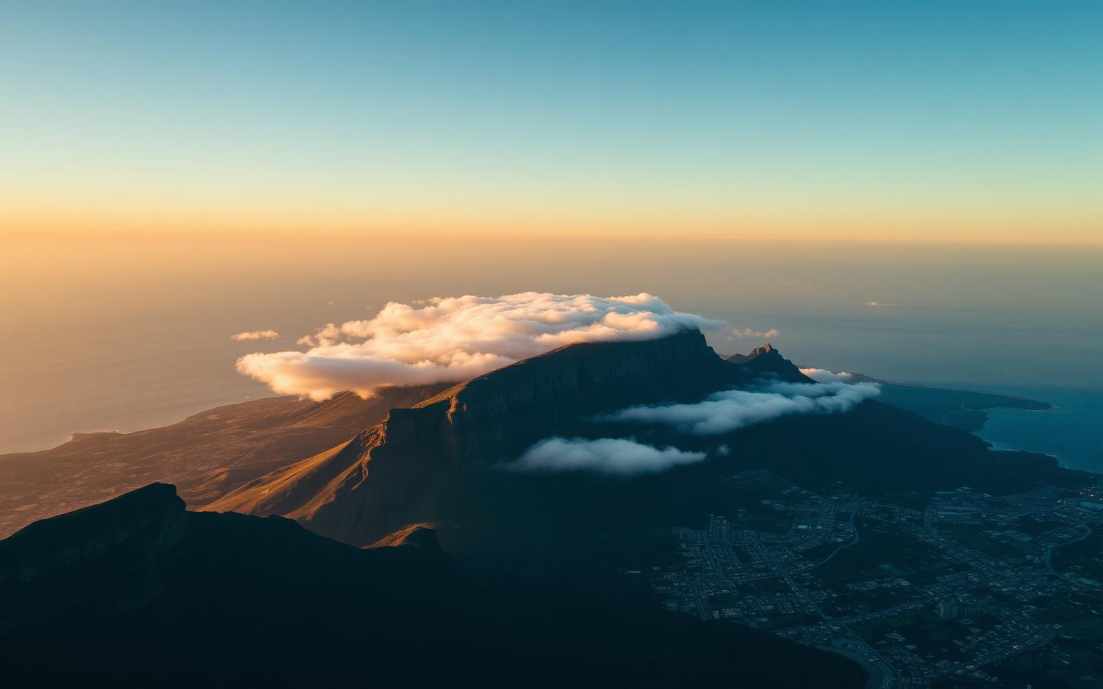 Table Mountain at dawn from above with mist clinging to the plateau