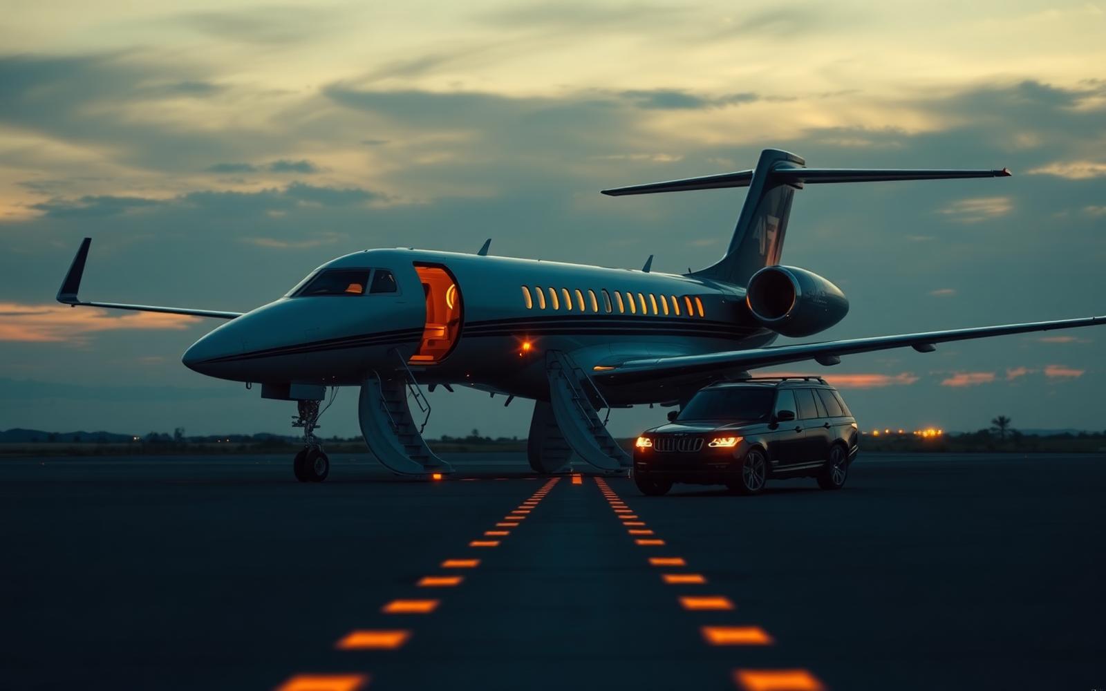 Private jet on a remote African airstrip at dusk with chauffeured SUV waiting