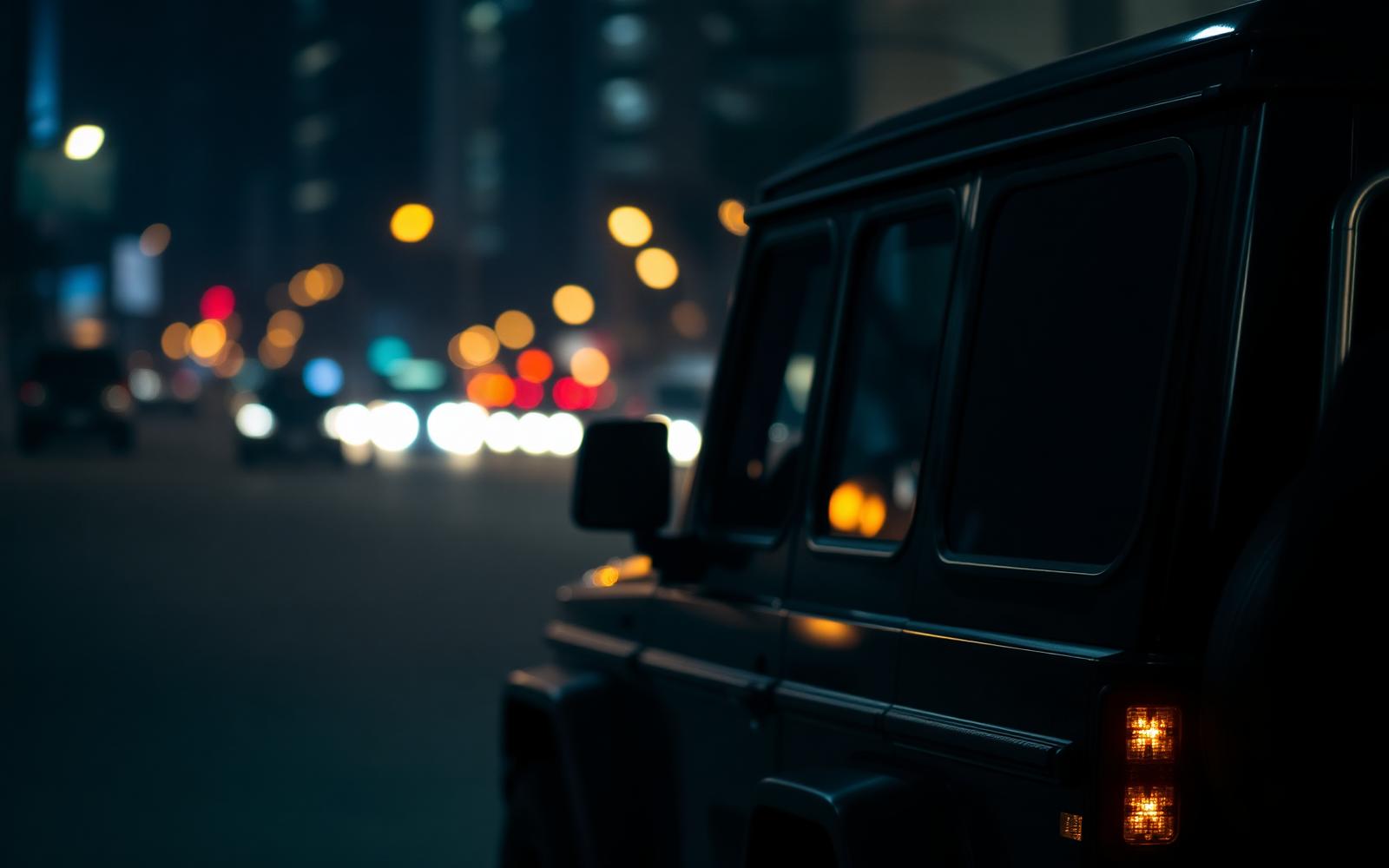 Close-protection detail beside an armoured black SUV at night in the city