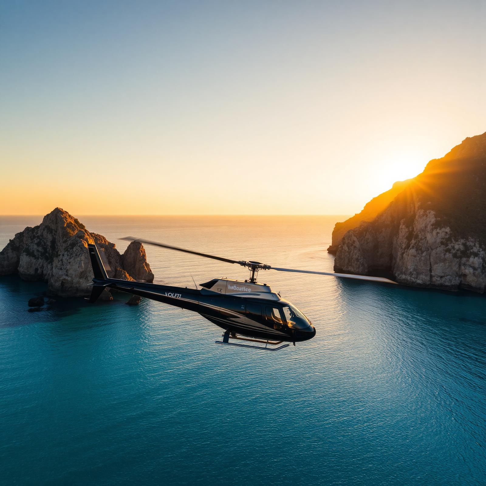 Sleek private helicopter flying over a turquoise coastline at golden hour